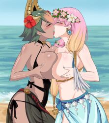 2girls alternate_costume beach bikini black_sweater blue_bikini blue_nails blue_swimsuit blush breasts breasts_outside closed_eyes dark-skinned_female dark_skin earrings fefex female female_only fire_emblem fire_emblem_heroes flower french_kiss green_hair gunnthra_(fire_emblem) gunnthra_(summer)_(fire_emblem) hair_flower horns kiss kissing laegjarn_(fire_emblem) laegjarn_(summer)_(fire_emblem) large_breasts long_hair multicolored_hair multiple_girls nail_polish nintendo ocean official_alternate_costume one-piece_swimsuit open_mouth outdoors pink_hair rs40uchiha sarong see-through swimsuit symmetrical_docking tongue tongue_out yuri