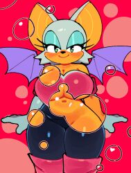 anthro bat bedroom_eyes big_breasts blush breasts bubble chiropteran clothed clothing cutaway female front_view fur furry furry_only large_breasts looking_at_viewer mammal narrowed_eyes navel nipples rouge_the_bat seductive sega smile solo sonic_(series) sonic_the_hedgehog_(series) thick_thighs wamudraws wings