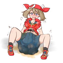 1futa big_breasts blush breasts brown_hair bulge erect_nipples erection futa_only futanari may_(pokemon) nipple_bulge peeing penis pokemon scat shitting soiling soiling_clothing solo sweat urine water_noodle watersports