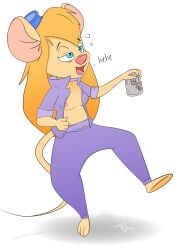 alcohol anthro balancing beer beverage chip_'n_dale_rescue_rangers disney drunk exhibitionism female gadget_hackwrench hi_res jumper mammal mouse murid murine nipple_slip nipples rodent solo substance_intoxication teot tipsy