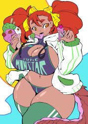 big_breasts bikini breasts dark-skinned_female dark_skin dragon_girl dragon_tail dragoontequila female hair_ornament hoodie huge_breasts ice_cream large_breasts open_mouth orange_eyes original red_hair ribbon sports_bra tagme tail tequila_(dragoontequila) thick_eyebrows thick_thighs thighhighs tongue tongue_out twintails