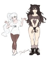 2girls angry black_hair blake_belladonna bondage boots bound bound_wrists cat_ears dashingicecream faunus female female_only femdom no_legwear panties restrained rwby socks t-shirt tight_clothing tight_leggings wavy_hair weiss_schnee white_background white_hair white_shirt