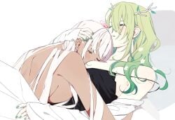 2girls breast_pillow brown_skin ceres_fauna cuddling cute dark-skinned_female green_hair green_nails head_on_breasts hololive hololive_english hololive_english_-council- hololive_english_-promise- nail_polish since2019 sleeping tsukumo_sana virtual_youtuber wholesome yuri