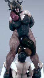 3d areolae breasts bunny_ears bunnysuit fishnet_legwear fishnets flaccid futa_on_male futanari hdregrets huge_cock jen_ocee long_penis male muscular muscular_futanari nipples size_difference