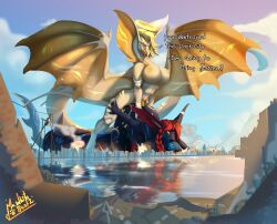 absurd_res aircraft airplane all_fours anthro apode big_breasts blonde_hair blue_body breasts building capcom city city_background city_crushing cityscape cloud destroyed_building destruction digital_media_(artwork) doggy_style draconcopode duo erection explosion feet fish flying_wyvern from_behind_position fsmaverick genitals hair halo herm hi_res intersex intersex/intersex legiana legless macro macro_domination male marine markings monster_hunter mountain mr._whitebear naga nipples nude open_mouth outside paws penetration penis red_hair reflection reptile scalie sea serpentine sex shark smile snake spread_wings text video_games water white_body wings