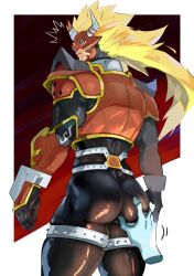 agunimon armor ass_grab blonde_hair digimon horns long_hair looking_back male male_focus surprised tight_pants tofulabo