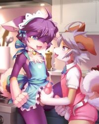 2boys :3 ahoge ancesra animal_ear_fluff animal_ears animal_nose apron apron_lift artist_name bangs bare_shoulders bell belt blue_apron blue_eyes blue_ribbon blurry blurry_background blush body_fur buttons cake cake_slice collar collared_shirt commentary commission cowboy_shot cum dog_ears dog_tail ears_down ejaculation english_commentary erection eye_contact food frilled_apron frills from_side furry furry_male grey_hair half-closed_eye half-closed_eyes handjob happy heart highres indoors jingle_bell kitchen leg_up looking_at_another maid_headdress male_focus male_masturbation masturbation multiple_boys naked_apron neck_bell neck_ribbon oerba_yun_fang one_eye_closed open_clothes open_fly open_mouth open_shorts orgasm original patreon_username penis pink_shorts pink_vest profile purple_fur ribbon shiny shiny_hair shirt short_hair short_shorts short_sleeves shorts sidelocks smile snout spread_legs standing stove tail testicles tongue tongue_out two-tone_fur unbuttoned vest watermark white_fur white_shirt yaoi yellow_fur