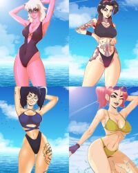 4girls asian beach beach_jules braided_twintails crystal_(fortnite) dominant_female female_only fortnite fortnite:_battle_royale fringe glasses harlowe_(fortnite) iisfernado jules_(fortnite) multiple_girls nonude petite pink_hair pink_skin submissive_female swimwear twintails vagina white_hair