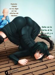 1boy 1girls all_fours ass ass_in_dress ass_up bending_over big_ass big_breasts big_butt biting_lip bob_cut boots breasts butt clothed clothing coloring4rt condition dark_green_hair dat_ass deal dialogue dress female fringe front_view fubuki_(one-punch_man) full_body green_dress green_eyes green_hair high_heel_boots high_heels jack-o_pose legs legs_apart light-skinned_female light_skin lingerie lips lipstick lying lying_down male male/female medium_hair on_floor one-punch_man pale-skinned_female petite pink_lips pink_lipstick presenting_ass red_lipstick saitama seducing seductive seductive_eyes seductive_look seductive_mouth seductive_smile short_hair sideboob smile smiling spanish_text spread_legs teasing tight_clothing