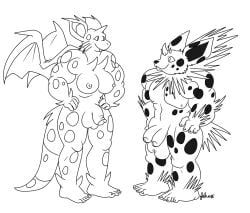 2futas anthro areolae balls big_breasts big_penis breasts charizard diphallia diphallism duo flaccid fusion futa_only futanari hemipenes horn jolteon large_breasts monochrome multi_penis nelsonnoir nidoran nidoran♀ nipples nude penis pokemon pokemon_(species) pokemon_rgby standing whiskers wings