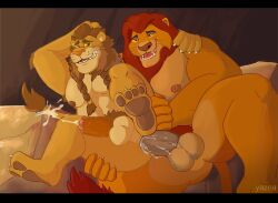 anthro balls biceps bodily_fluids cum digital_media_(artwork) disney erection fan_character felid feline fur genital_fluids genitals hi_res humanoid_genitalia humanoid_penis lion lowemond male male/male male_only male_penetrated male_penetrating male_penetrating_male mammal mufasa muscular muscular_male nipples pantherine pecs penetration penis sex teeth the_lion_king