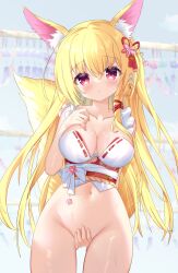 animal_ear_fluff animal_ears arm_behind_back between_legs blonde_hair bottomless breasts bustier cleavage cloud covering covering_crotch female fox_ears fox_girl fox_tail gluteal_fold groin hair_ornament hand_between_legs hand_on_own_chest highres hiyada_yuu long_hair navel original outdoors red_eyes sky solo tail thighs