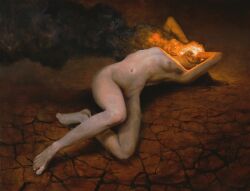 1girls burning chaos_(elden_ring) elden_ring feet female female_only frenzied_flame fromsoftware light-skinned_female light_skin milesjohnston nipples nude nude_female painting_(artwork) scrunched_toes solo tarnished toes