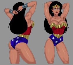 1girls amazon arms arms_behind_head arms_up ass big_breasts black_hair blue_eyes cleavage clothed dc dc_comics dcau earrings female female_only heroine justice_league legs leotard light-skinned_female light_skin partially_clothed solo star_earrings sunsetriders7 superheroine thighs tiara wonder_woman wonder_woman_(series)