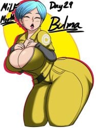 1girls 2022 5_fingers ass big_ass big_breasts blue_hair breasts bulma_briefs bulma_briefs_(dragon_ball_super_superhero) capsule_corporation_logo closed_eyes cute dragon_ball dragon_ball_super dragon_ball_super_super_hero hands_on_breasts huge_ass jumpsuit jyto lipstick milf pink_lipstick tagme thick_thighs wide_hips yellow_jumpsuit