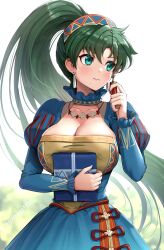 1girls absurdres alternate_costume blue_dress blush breasts cleavage collarbone commentary dress earrings fire_emblem fire_emblem:_the_blazing_blade fire_emblem_heroes gonzarez green_eyes green_hair hairband hand_up highres holding holding_object jewelry juliet_sleeves large_breasts long_hair long_sleeves lyn_(fire_emblem) lyn_(valentine)_(fire_emblem) necklace nervous official_alternate_costume ponytail puffy_sleeves solo source_larger sweatdrop upper_body very_long_hair