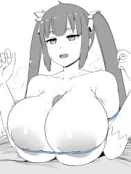 1boy 1girls big_breasts colorless dungeon_ni_deai_wo_motomeru_no_wa_machigatteiru_darou_ka female hands-free_paizuri hestia_(danmachi) holding_breast male monochrome nao_(ritsancrossover) paizuri paizuri_lead_by_female twintails