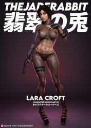 1girls 3d abs athletic_female bimbo breasts breasts_visible_through_clothing brown_eyes brown_hair busty curvy erect_nipples female female_focus female_only firearm handgun high_heels highleg_thong hourglass_figure human lara_croft lara_croft_(survivor) large_breasts long_hair makeup nipples nipples_visible_through_clothing nude nude_female nudity pinup pinup_pose platform_heels revolver simple_background standing tagme tattoo text thejaderabbit tomb_raider transparent_clothing weapon wide_hips