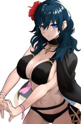 1girls abs absurdres alternate_costume athletic athletic_female bangs bare_shoulders bikini black_bikini black_coat black_swimsuit blue_eyes breasts byleth_(fire_emblem) byleth_(fire_emblem)_(female) cleavage coat collarbone female female_abs female_only fire_emblem fire_emblem:_three_houses fire_emblem_heroes fit fit_female flower hair_flower hair_ornament highres large_breasts looking_at_viewer medium_hair midriff navel nintendo official_alternate_costume red_flower simple_background solo swimsuit teal_hair zuzu_(ywpd8853)