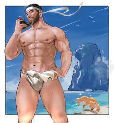 beach beach_background eight_pack fundoshi ghost_of_tsushima hand_on_hip headband jin_sakai looking_to_the_side male male_focus male_only tofulabo underwear underwear_only white_fundoshi white_underwear