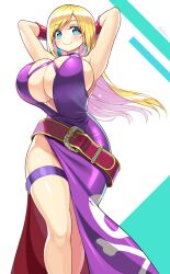 aqua_eyes belt big_breasts blonde_hair bonne_jenet choker fatal_fury garou:_mark_of_the_wolves purple_dress shuz_(dodidu) smile thick_thighs