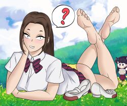 absurdres background barefoot big_eyed_komi blue_hair blush bow brown_eyes dragon_blanche feet feet_up foot_fetish foot_focus garden hand_on_face komi-san_wa_komyushou_desu komi_shouko krimreaper laying_down laying_on_ground onemine_nene park pattern_underwear pose recolor shoes_removed soles surprised uniform upskirt yellow_panties