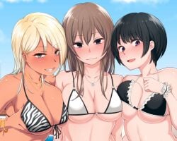 3girls bikini black_hair blonde_female brown_hair ear_piercing female_only kemuri_haku multiple_girls showing_off_breasts smirking_at_viewer tagme upper_body