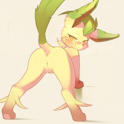 :3 ancesra animal_ears animal_nose anus ass ass_focus bent_over blush body_fur brown_background brown_fur closed_mouth eeveelution female from_behind full_body furry furry_female generation_4_pokemon green_hair half-closed_eyes happy highres leafeon legs_apart looking_at_viewer looking_back moss_(ancesra) nintendo non-web_source nose_blush pawpads pokemon pokemon_(species) presenting pussy pussy_juice short_hair simple_background smile snout solo split_mouth standing tail tail_raised two-tone_fur uncensored yellow_eyes yellow_fur