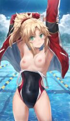 1girls armpits arms_up blonde blonde_eyebrows blonde_female blonde_hair blonde_hair_female blush breasts cloud fate/grand_order fate_(series) female green_eyes hair_bobbles hair_ornament looking_at_viewer mordred_(fate) mordred_(swimsuit_rider) nipples solo standing swimming_pool swimsuit tonee