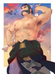 armpit armpit_hair big_mustache clouds dark_hair drying_body kamado_(pokemon) kimono kimono_down male male_focus male_only moustache mustache nipples pokemon pokemon_legends:_arceus sunset thick_eyebrows tofulabo topless towel