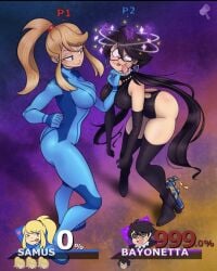 2girls ass battle bayonetta bayonetta_(character) bayonetta_2 big_ass big_breasts black_hair blonde_hair blue_eyes bodysuit breasts crossover defeated dizzy earrings english_text erect_nipples eyebrows_visible_through_hair eyeshadow female female_only glasses hud large_breasts light_skin lips lipstick long_hair megamallet metroid multiple_girls nintendo nipples_visible_through_clothing ponytail samus_aran short_hair skin_tight super_smash_bros. text thick thick_hips thick_thighs tied_hair tongue tongue_out vwerk wide_hips zero_suit_samus