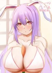 animal_ears artist_name bangs bare_shoulders between_breasts bikini blush breasts bunny_ears carrot carrot_paizuri cleavage collarbone eyebrows_visible_through_hair female hair_between_eyes highres large_breasts long_hair purple_hair rabbit_ears red_eyes reisen_udongein_inaba solo swimsuit touhou twitter_username upper_body usaka_ray white_bikini