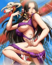 almost_naked before_sex big_breasts black_hair blue_eyes boa_hancock breasts earrings female female_only legs love one_piece pirate princess rakara11 ripped_clothing seductive seductive_eyes seductive_look seductive_mouth snake sweat sweating