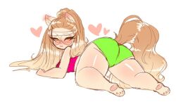 1girls animal_ears anthro ass ass_up blush canine dog_girl female female_focus glasses green_bottomwear heart hourglass_figure long_hair long_tail looking_back ohthesunnyside on_ground paws pink_topwear solo solo_female thick_thighs thighs tight_clothing yorkie_(ohthesunnyside) yorkshire_terrier