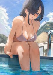 1girls bikini blue_hair blush busty cleavage curvaceous curvy female female_only hair_over_one_eye hi_res looking_at_viewer neshia_(tsaqif0309) original original_character pool poolside short_hair wet white_bikini