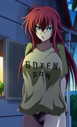 anime bare_thighs big_breasts blue_eyes boobs breasts colored crossover dragon_ball dragon_ball_super dragon_ball_z high_school_dxd huge_ass huge_breasts kame_house large_breasts nipples_visible_through_clothing no_pants oldhorrorz panties pulling red_hair rias_gremory shirt shirt_only shirt_pull t-shirt thick_thighs tight_shirt