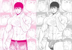 abs arm_hair bara barazoku beard blush body_hair bulge chest_hair dark_hair edit edited_official_artwork facial_hair futari_solo_camp gen_kinokura hairy_chest hand_around_neck male male_focus male_nipples male_only masculine muscular muscular_arms muscular_male nervous nipples official_art official_artwork_edit pectorals penis_outline penis_visible_through_clothing solo solo_male swim_briefs thick_eyebrows topless veiny_biceps yuudai_debata