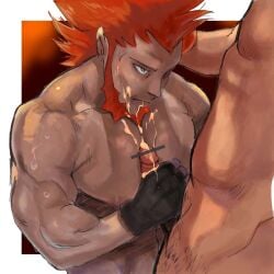 beard cum_on_mouth cumshot gay grabbing_head grabbing_penis hand_on_penis handjob head_grab leg_hair lysandre_(pokemon) male male_only muscular_arms on_knees penis_grab pokemon pokemon_xy red_beard red_hair spiky_hair tofulabo