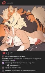 ahe_gao anthro arcanine bed belly belly_grab belly_markings black_body black_fur black_nose bodily_fluids canid canine cum drooling duo ear_piercing ear_ring erection exhausted eyebrows facial_piercing fluffy fluffy_chest fluffy_ears fluffy_hair fluffy_tail fur furniture gay genital_fluids gloves_(marking) hair hi_res instagram knot knotting looking_pleasured lycanroc male male/male male_only mammal markings midday_lycanroc neck_tuft nintendo nose_piercing nose_ring on_top on_top_of open_mouth orange_body orange_fur piercing pokemon pokemon_(species) raised_eyebrow saliva saliva_string smile strayserval striped_body striped_fur striped_markings stripes tan_body tan_fur tongue tongue_out tuft video_games white_body white_fur