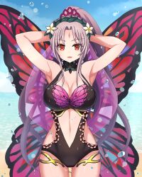 1girls alternate_costume armpits arms_behind_head ass_visible_through_thighs bare_midriff bare_thighs beach black_swimsuit breasts cleavage day fairy fairy_wings female female_only fire_emblem fire_emblem_heroes grey_hair large_breasts long_hair looking_at_viewer midriff multicolored_hair nintendo ocean official_alternate_costume one-piece_swimsuit open_mouth outdoors plumeria_(fire_emblem) plumeria_(summer)_(fire_emblem) ponytail pose purple_hair red_eyes shira_yu_ki solo swimsuit thighs very_long_hair wings