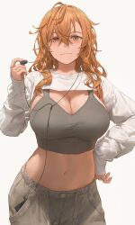 1girls absurd_res blush bra breasts cleavage earbuds hand_on_hip hips huge_breasts large_breasts light_brown_hair listening_to_music long_hair midriff midriff_baring_shirt orange_hair original original_character phone slim_waist smile sports_bra very_long_hair white_skin wide_hips yohan1754