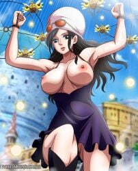 beetle big_breasts black_hair blue_clothing blue_dress blue_eyes blue_skin boots breasts dress dressrosa eyewear_on_head female female_focus female_only flying hat legs nico_robin nipples no_panties one_piece pirate post-timeskip pussy rakara11 seductive seductive_look seductive_smile sunglasses sunglasses_on_head sweat sweating upskirt white_hat