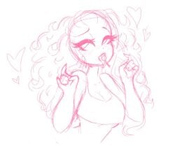 1girls blowjob_gesture breasts cleavage crop_top curly_hair female female_focus handjob_gesture heart lollipop long_hair looking_off_screen ohthesunnyside rachel_(ohthesunnyside) sketch solo solo_female tongue_out white_background