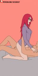 clothed clothed_sex clothing cowgirl_position glasses long_hair naruto naruto_(series) naruto_shippuden no_panties nude_male nude_male_clothed_female penetration red_hair secsensey sex uzumaki_karin