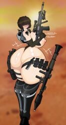 ammo_belt bazooka big_ass big_breasts big_butt big_legs breasts bursting_out_of_clothing eyes_covered giant_ass giantess gun hair_covering_eyes huge_ass huge_butt senor9 soldier tattoo thick_ass thick_thighs tomboy