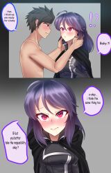 1boy 1girls black_shirt black_skirt braid braided_hair couple dialogue fault_milestone female impregnation_request manga nude_male_clothed_female pink_eyes pov pov_eye_contact purple_hair ritona_reighnvhasta skirt speech_bubble straight