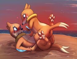 blush bodily_fluids buizel duo female female/female female_on_bottom female_on_top genital_fluids genitals hi_res nintendo on_bottom on_top orange_body pokémon_(species) pokemon pussy pussy_juice slowderpyguy sunset video_games