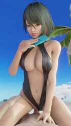 1boy 1girls 3d 9:16 animated asian_female beach black_hair bouncing_breasts breasts cleavage cleavage_cutout cowgirl_position dead_or_alive dead_or_alive_xtreme_venus_vacation large_breasts lazyprocrastinator looking_at_viewer navel no_sound ocean one-piece_swimsuit partial_male phone pov short_hair shorter_than_30_seconds sling_bikini straddling swimsuit swimsuit_aside tagme tamaki_(doa) vertical_video video