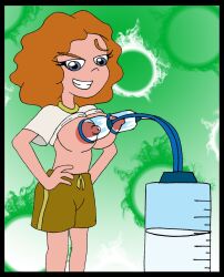 1girls blue_eyes breast_milking breast_milking_machine ferozyraptor gym_clothes lactation melissa_chase milking_machine milo_murphy's_law orange_hair shirt_up simple_background straight_hair