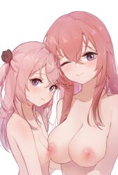 2girls asian_female asymmetrical_docking big_breasts blush breast_press breast_size_difference breasts busty casual_nudity completely_nude cute female_only flower flower_in_hair hair_down hair_flower hair_ornament height_difference highres huge_breasts inui_sajuna inui_shinju large_breasts light-skinned_female long_hair looking_at_viewer luma_li multiple_girls nipples nude nude_female nuzzle one_eye_closed petite pink_hair purple_eyes siblings sisters size_difference small_breasts smile sono_bisque_doll_wa_koi_wo_suru topless upper_body white_background yuri